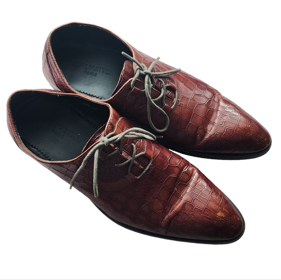 LOUIS VUITTON x VINTAGE croc embossed lace up oxford loafers brown size 42 - Picture 10 of 16